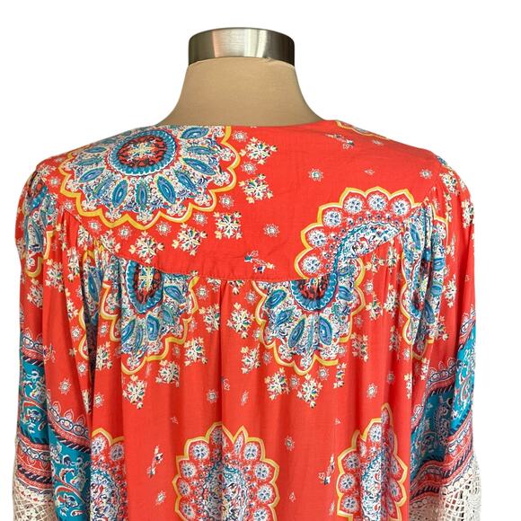 Umgee Orange Turquoise Medallion Print Kimono Lace Fringe Size M/L Boho Casual - Picture 4 of 7